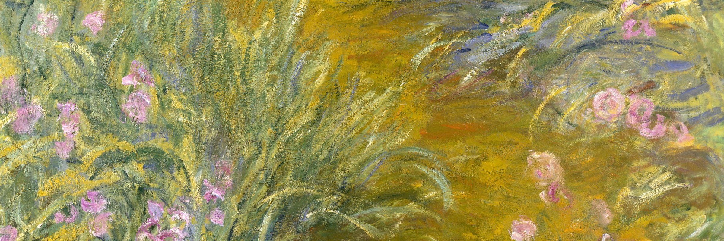 Detail of a Claude Monet painting of pink and purple irises among swirling green and gold brushstrokes