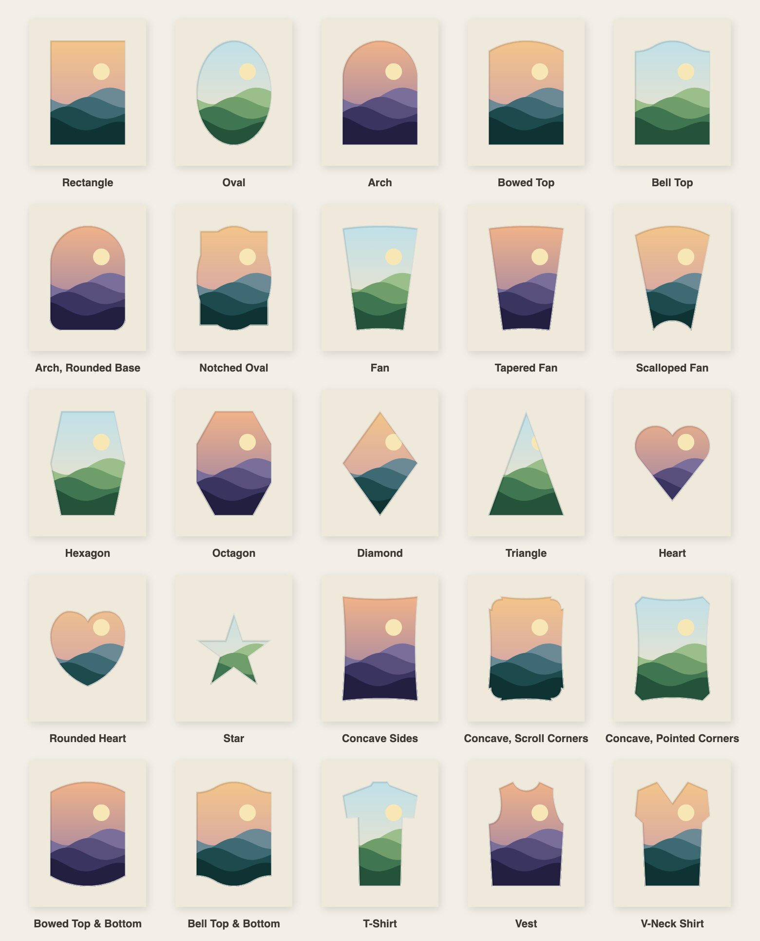 Twenty-five mount openings, each labelled: rectangle, oval, arch, bowed top, bell top, arch with rounded base, notched oval, fan, tapered fan, scalloped fan, hexagon, octagon, diamond, triangle, heart, rounded heart, star, concave sides, concave with scroll corners, concave with pointed corners, bowed top and bottom, bell top and bottom, T-shirt, vest and V-neck shirt