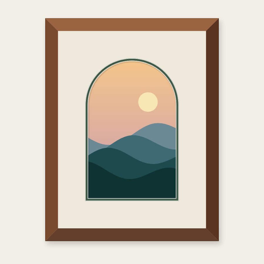 A landscape print in an arch-shaped opening, with a dark green inner mount showing round the arch, in a walnut frame