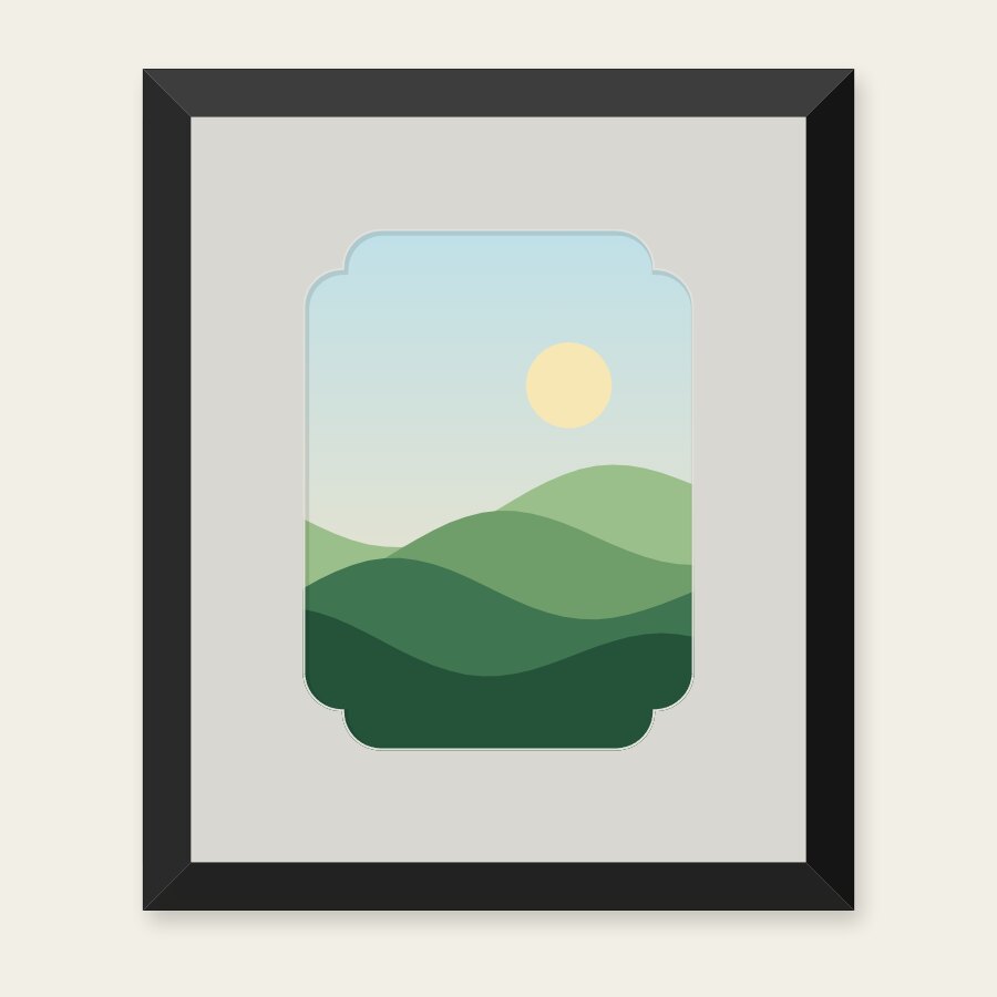 A rectangular opening with cut and notched corners in a grey mount and a black frame