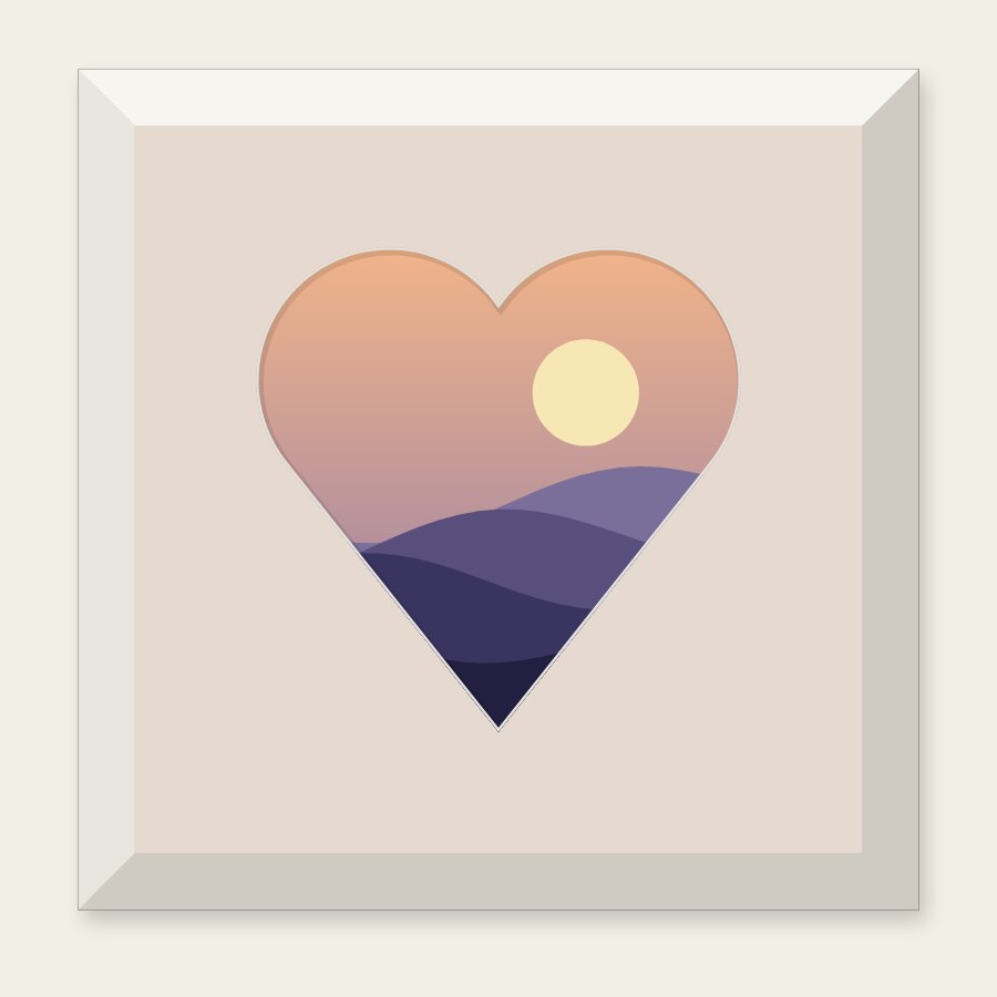A picture in a heart-shaped mount opening in a soft blush mount and a white frame