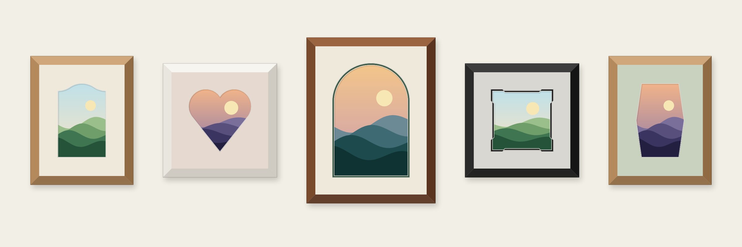Five framed pictures with different mount openings: a bell top, a heart, an arch, a rectangle with stepped corners and a hexagon