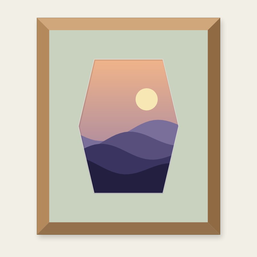 A picture in a hexagon-shaped opening in a sage green mount and an oak frame