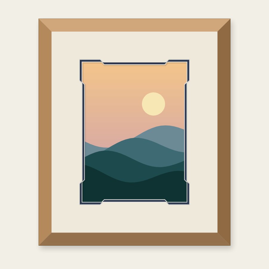 An ivory double mount over navy with stepped corners, in an oak frame