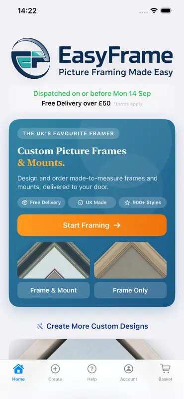 EasyFrame app home screen showing Start Framing button, Frame & Mount and Frame Only options