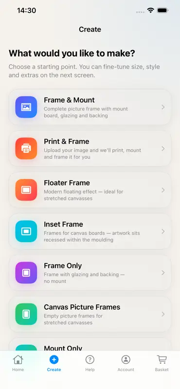 EasyFrame app Create screen showing Frame & Mount, Print & Frame, Floater Frame and other starting options