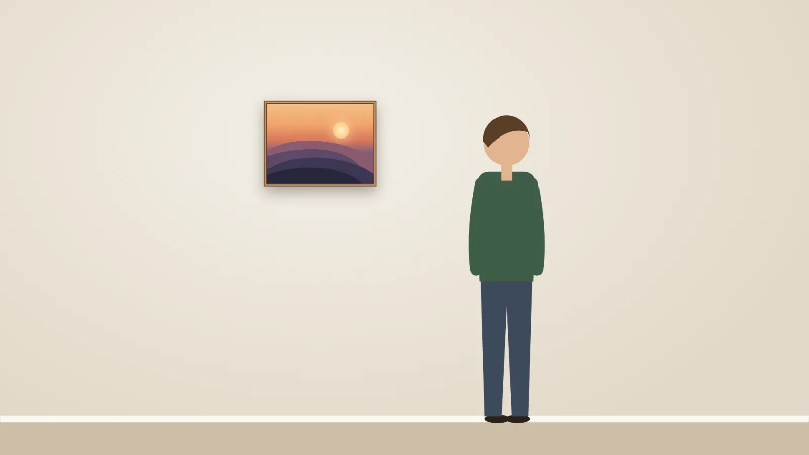 A person standing back from the framed canvas, hung on the wall.