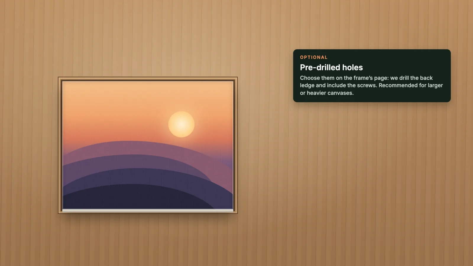 The fitted canvas, with notes about pre-drilled holes, and drilling them yourself.