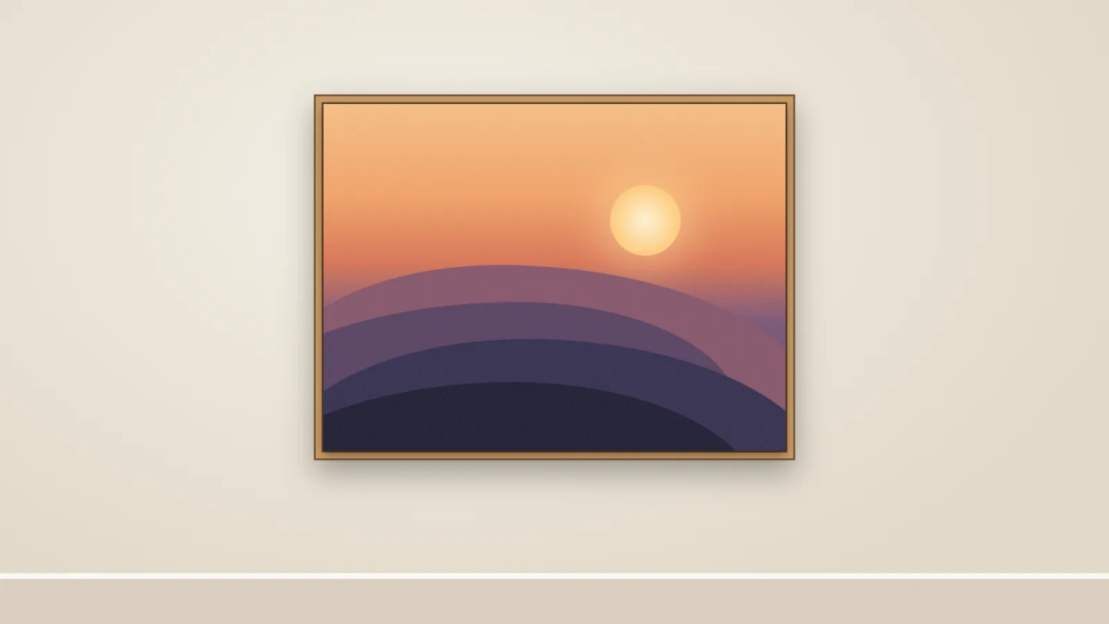 The inset frame hanging on a wall, the painting on show to its edges.