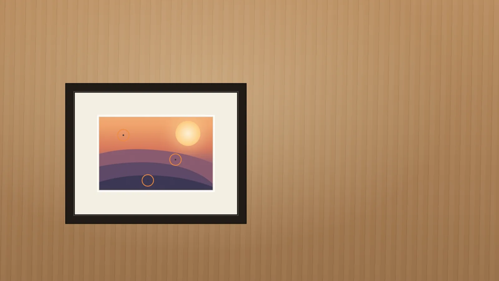 The front of the framed artwork, with specks of dust circled.