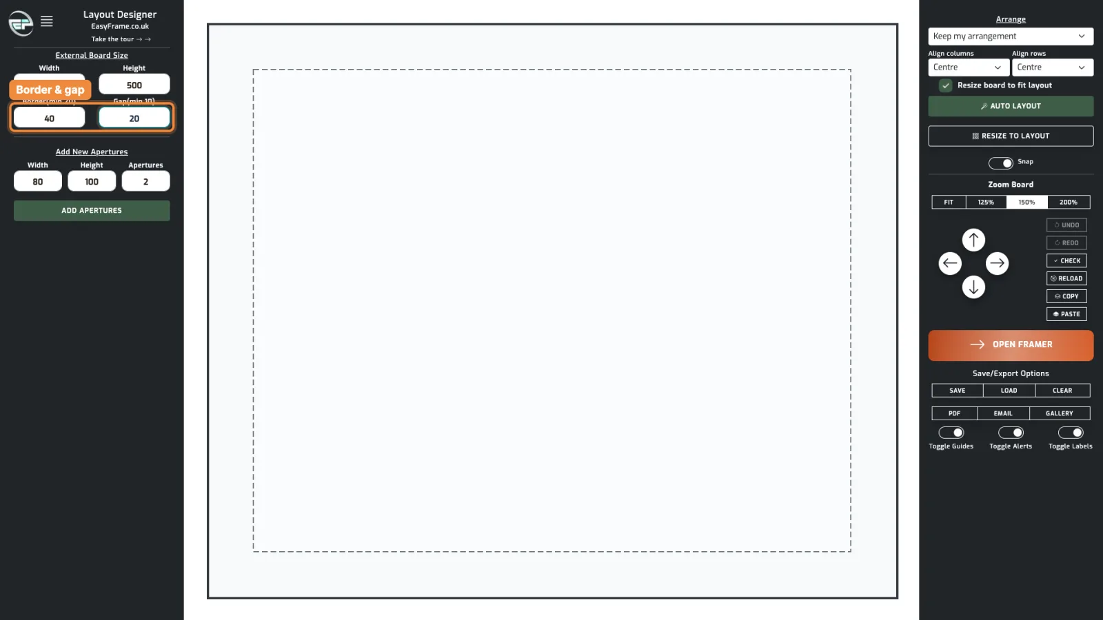 The board set to 600 by 500mm, with the border of 40mm and gap of 20mm highlighted.