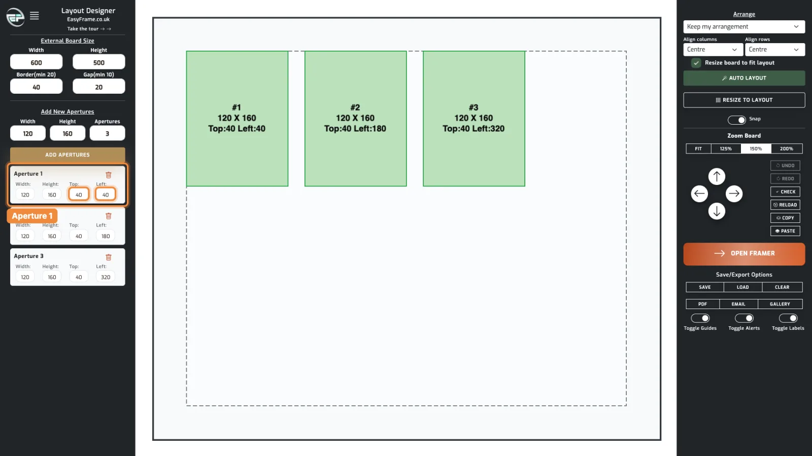 Three 120 by 160mm apertures on the board, and aperture 1's row in the list with its top and left highlighted.