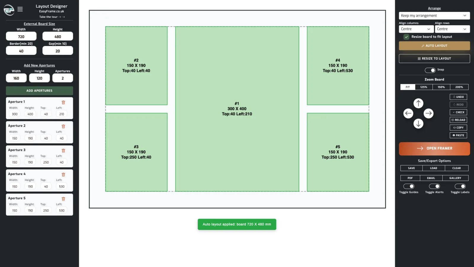 After Auto Layout: the same arrangement with even 20mm gaps and the board resized to 720 by 480mm.