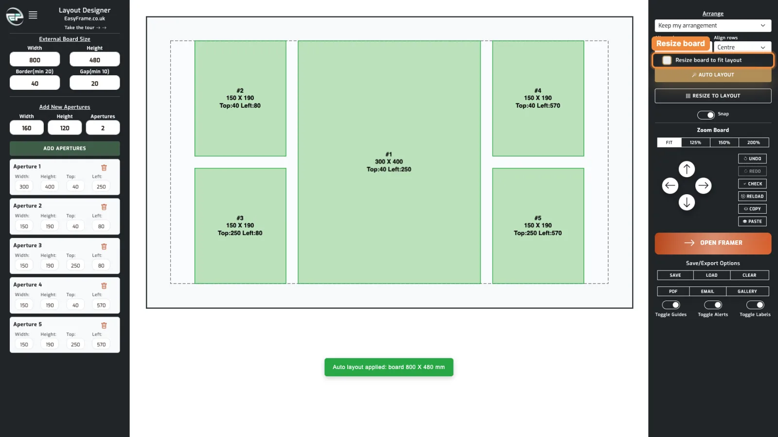With Resize board unticked, the layout centred on an 800mm wide board.
