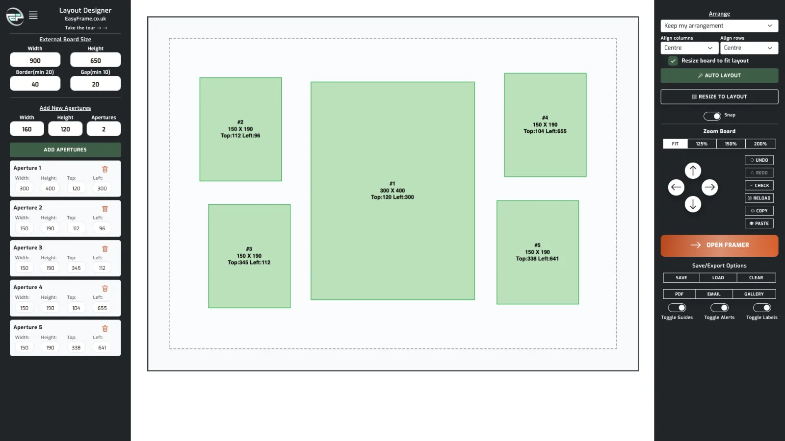 A rough layout: a large aperture in the middle with two smaller ones each side, unevenly placed.