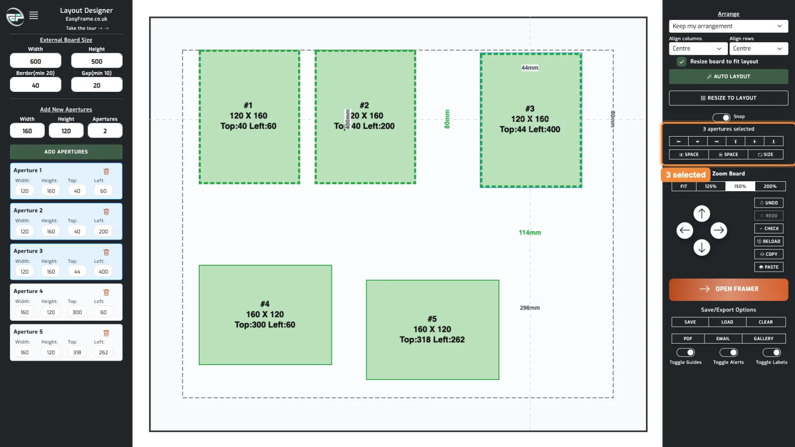 Three apertures selected with dashed outlines, and the align buttons highlighted.