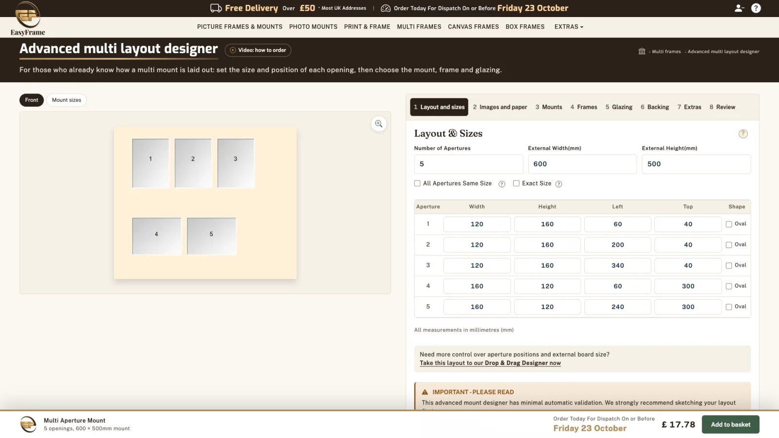 The Advanced multi layout designer showing the five openings with their sizes and positions.