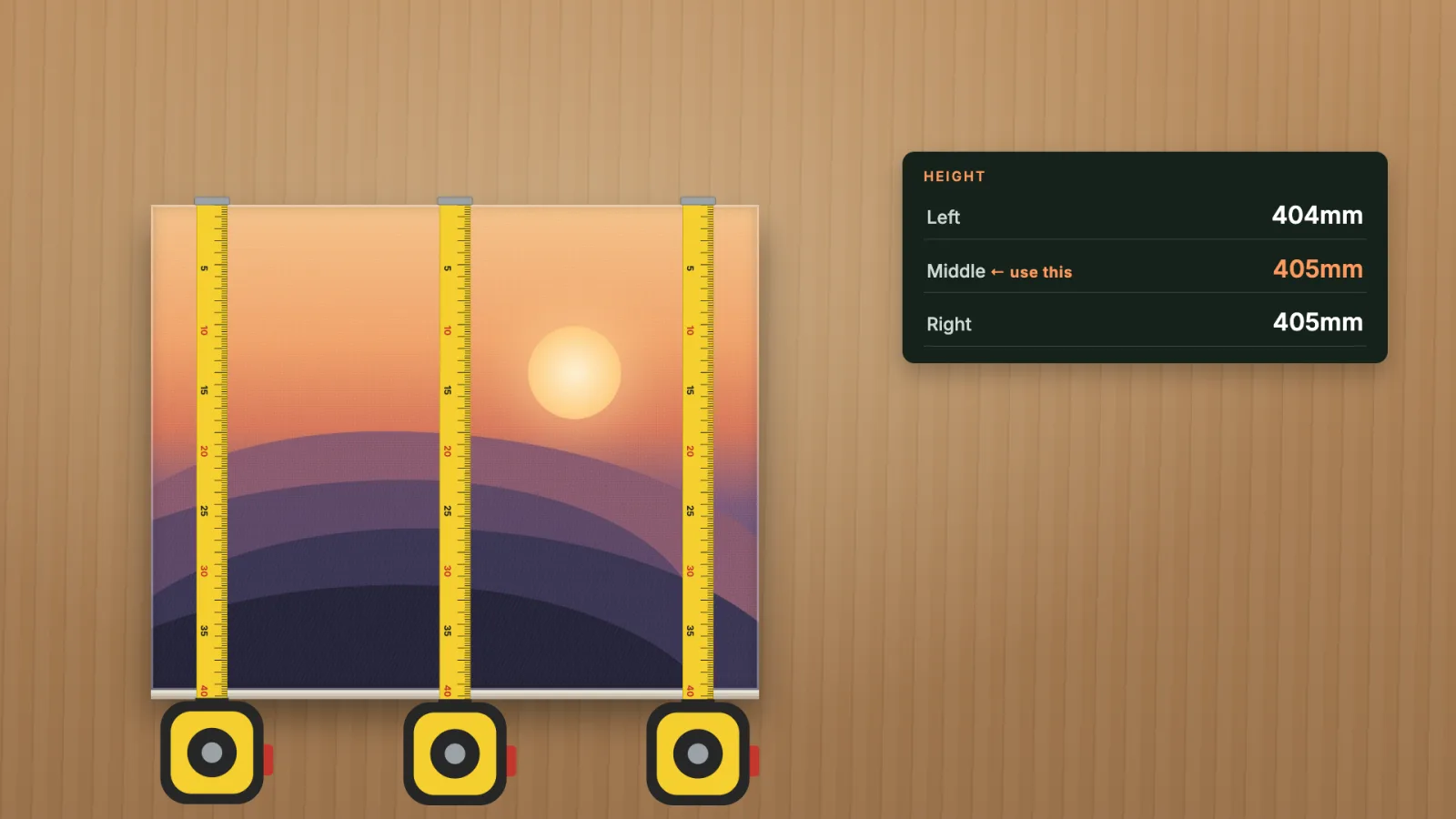 Three heights measured: left 404mm, middle 405mm, right 405mm; use 405mm.