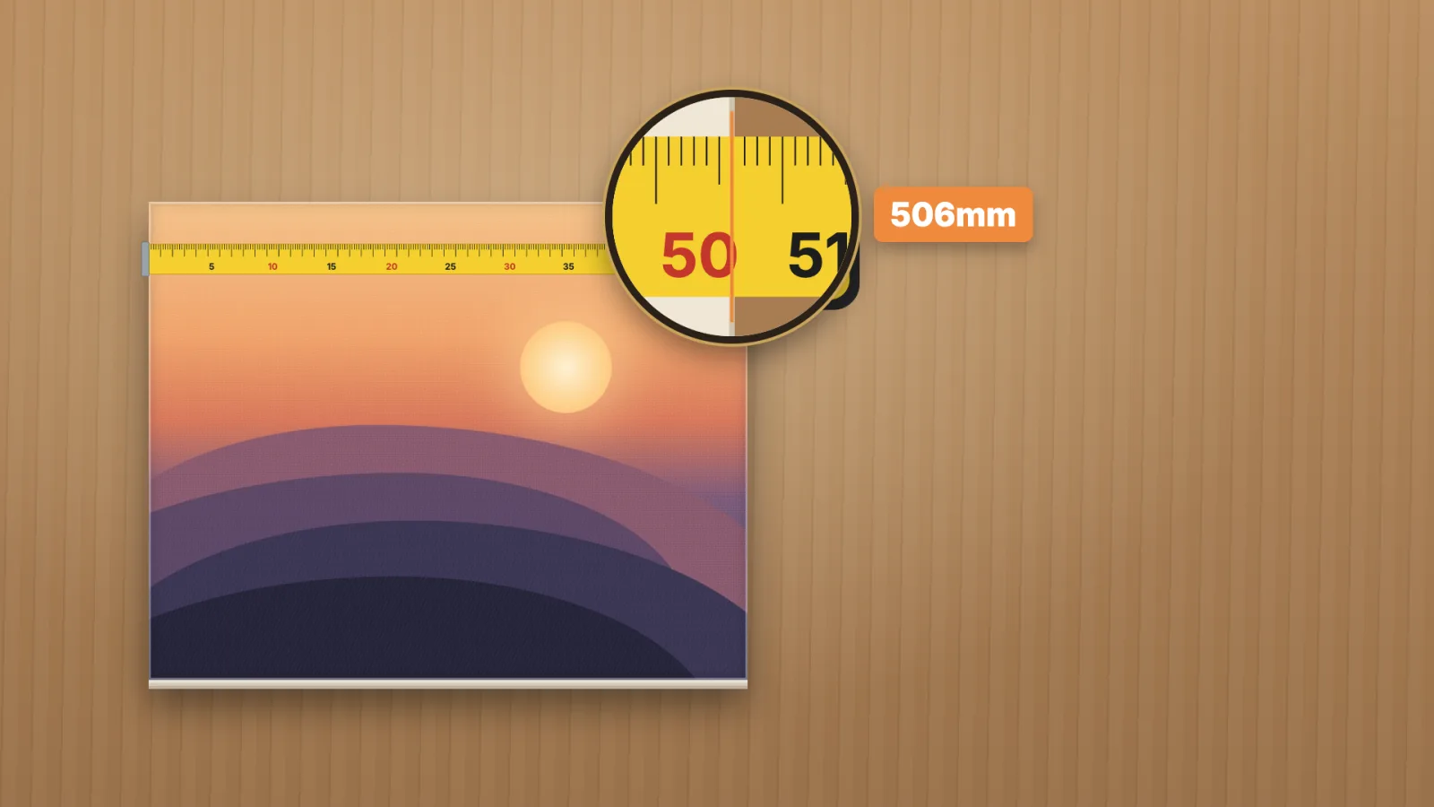 A tape measure across the top of the canvas, magnified at the right edge: 506mm.
