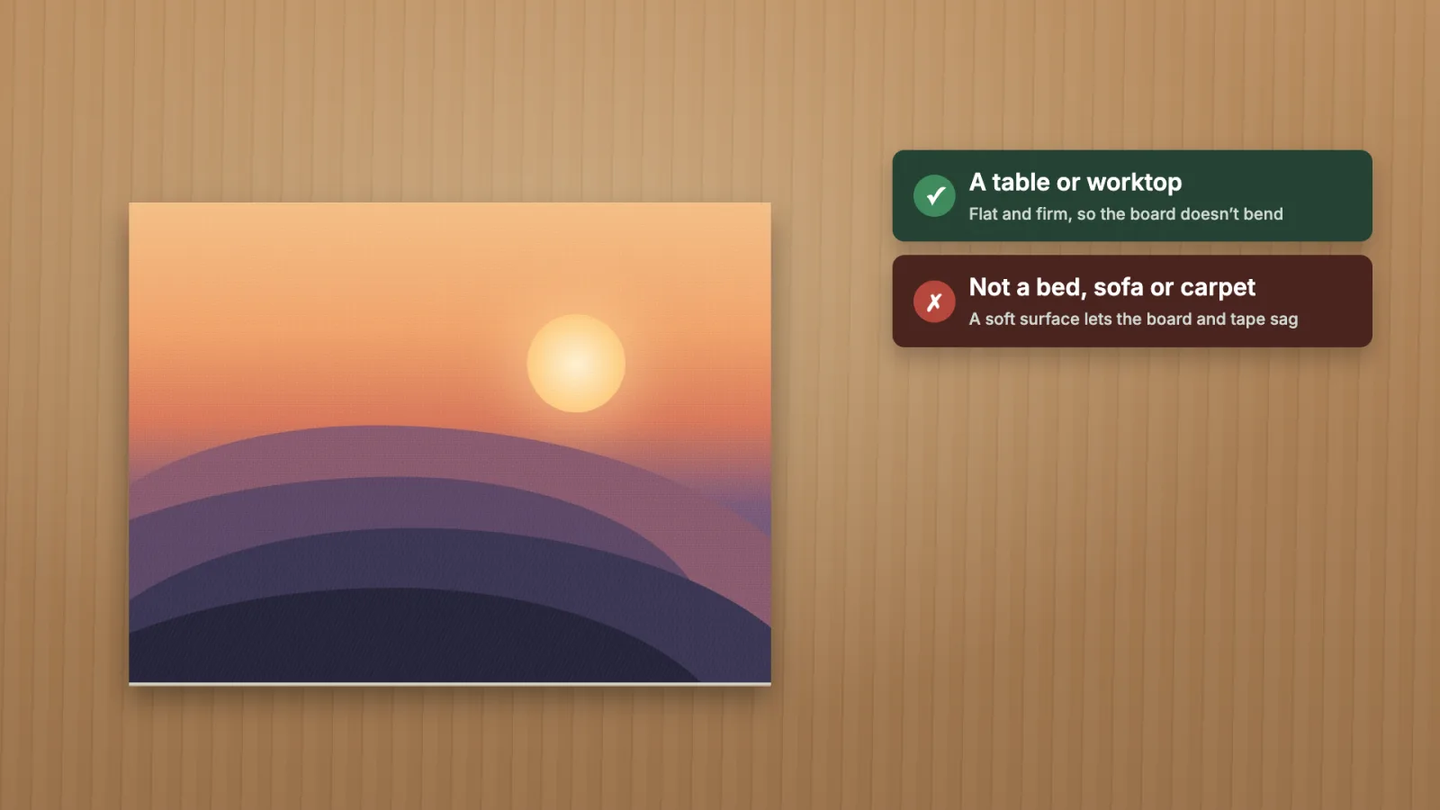 A canvas board lying flat on a table: a table or worktop is right, a bed, sofa or carpet is not.