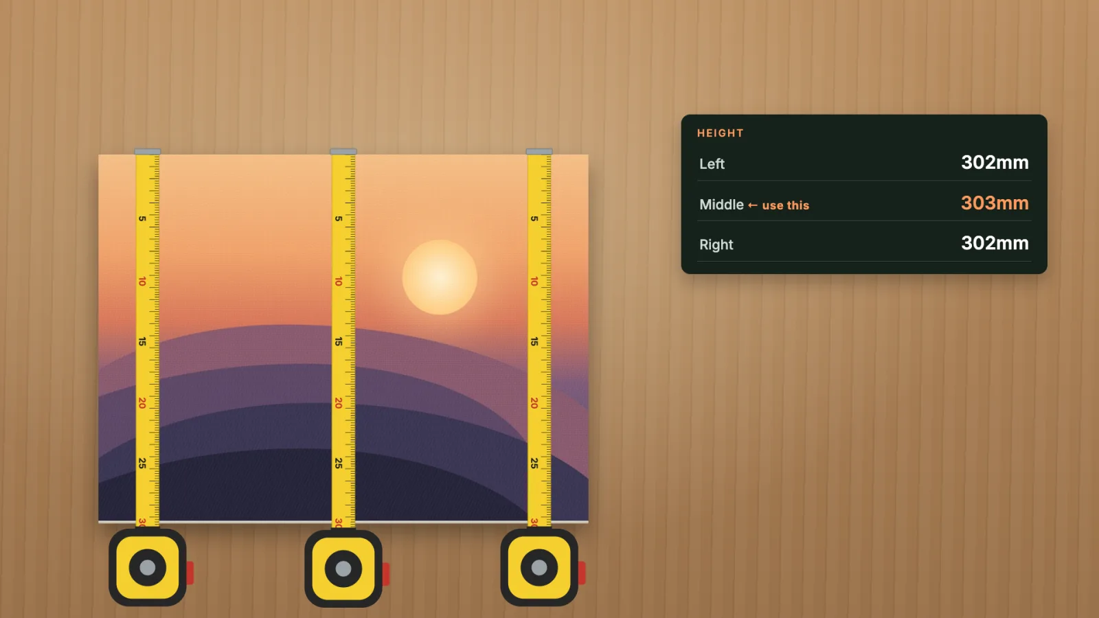 Three heights measured: left 302mm, middle 303mm, right 302mm; use 303mm.
