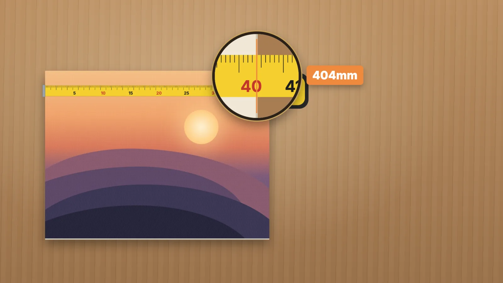 A tape measure across the top of the board, magnified at the right edge: 404mm.
