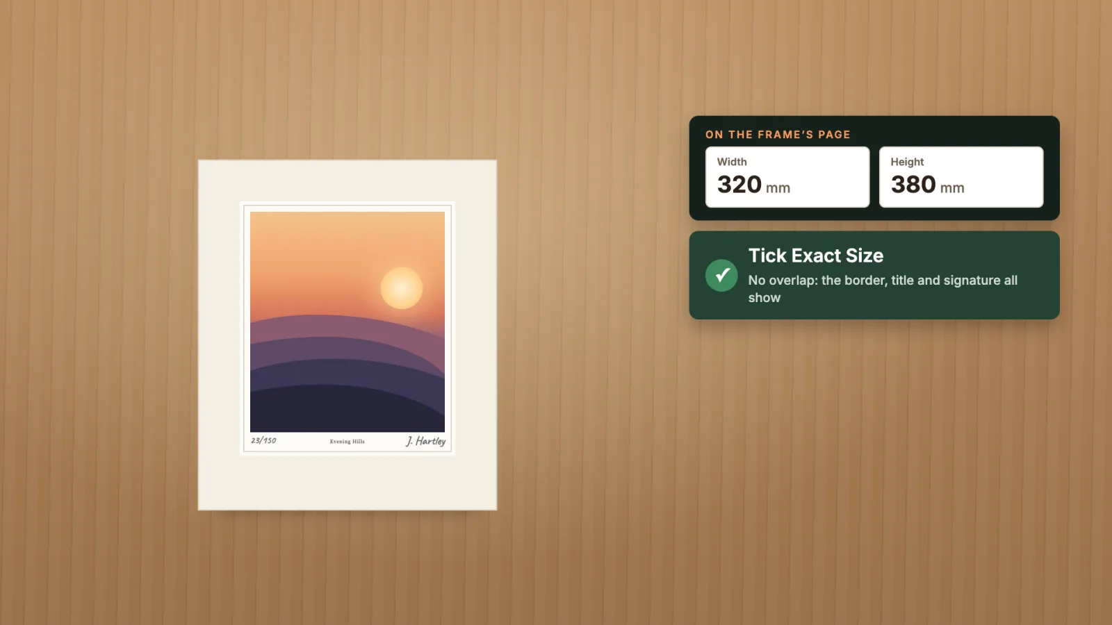 An Exact Size mount over the print, showing the image, border, number, title and signature.