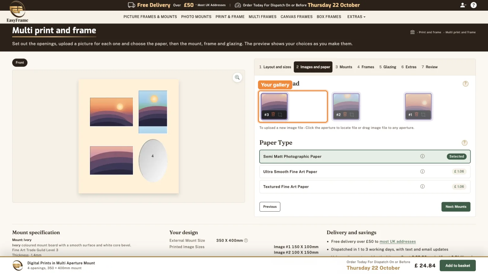 Three photos uploaded into openings 1 to 3, with the gallery of thumbnails highlighted.