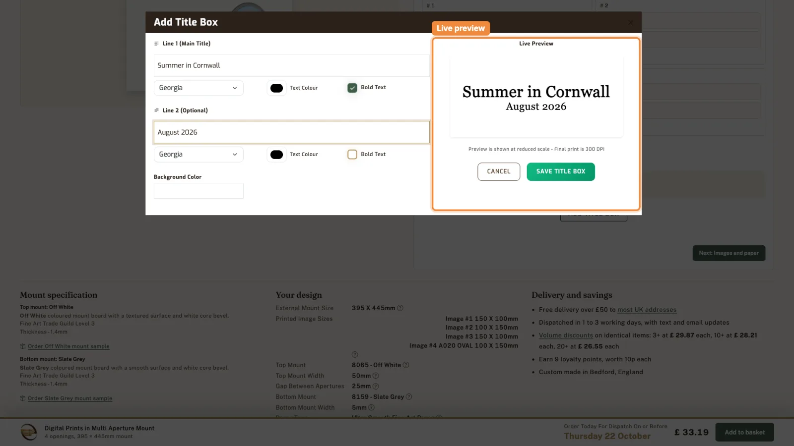 The Add Title Box window with Summer in Cornwall and August 2026 in Georgia, and the live preview highlighted.