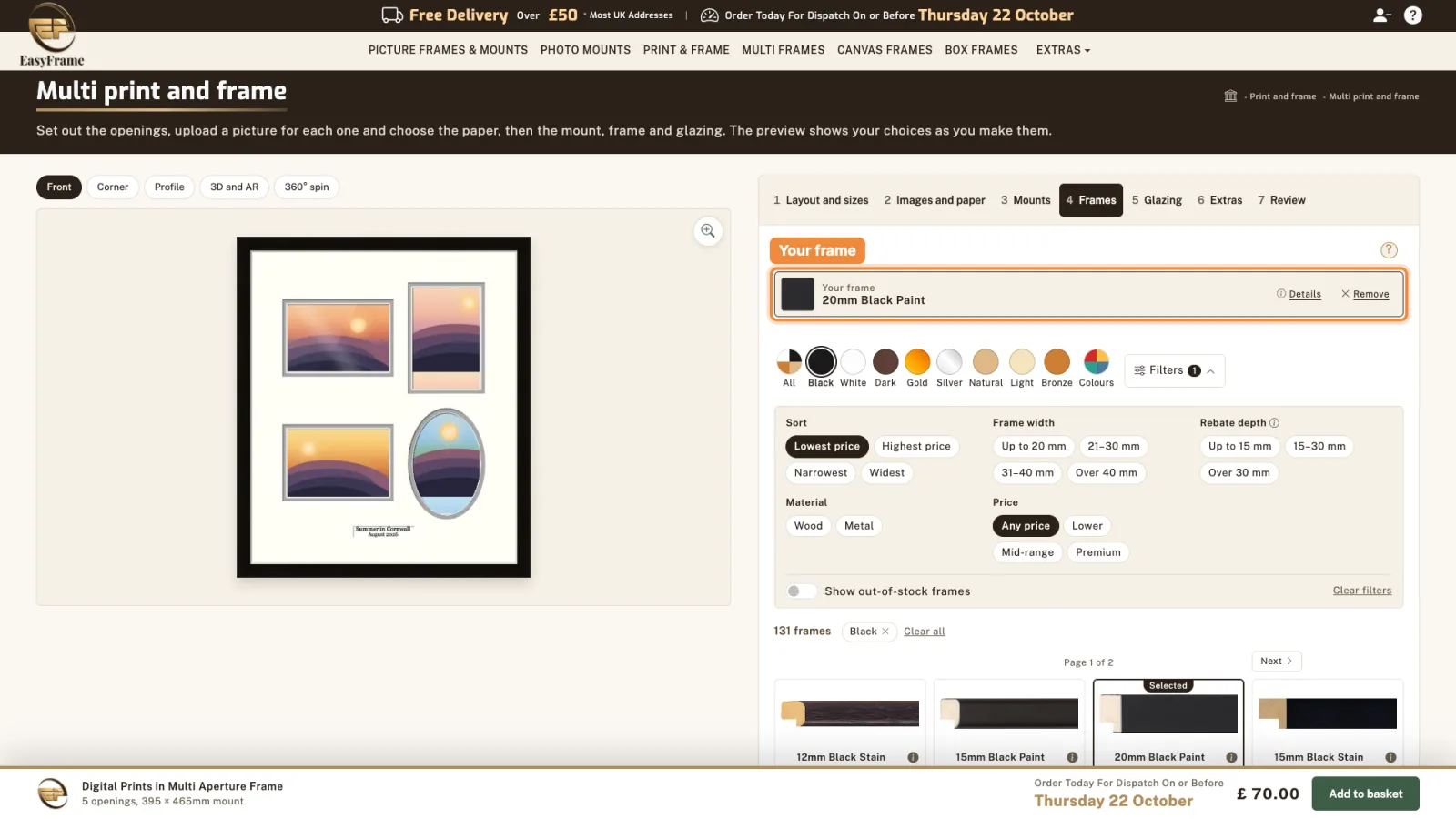 20mm Black Paint chosen, with the photos framed in the preview.