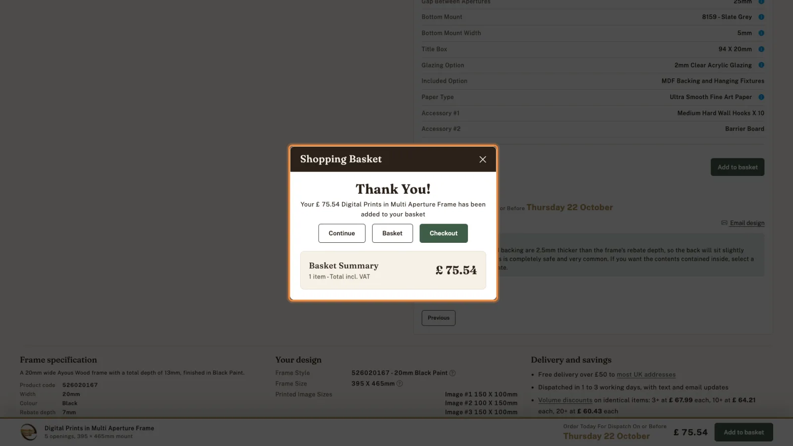 Shopping Basket confirmation: 75.54 pound Digital Prints in Multi Aperture Frame added.