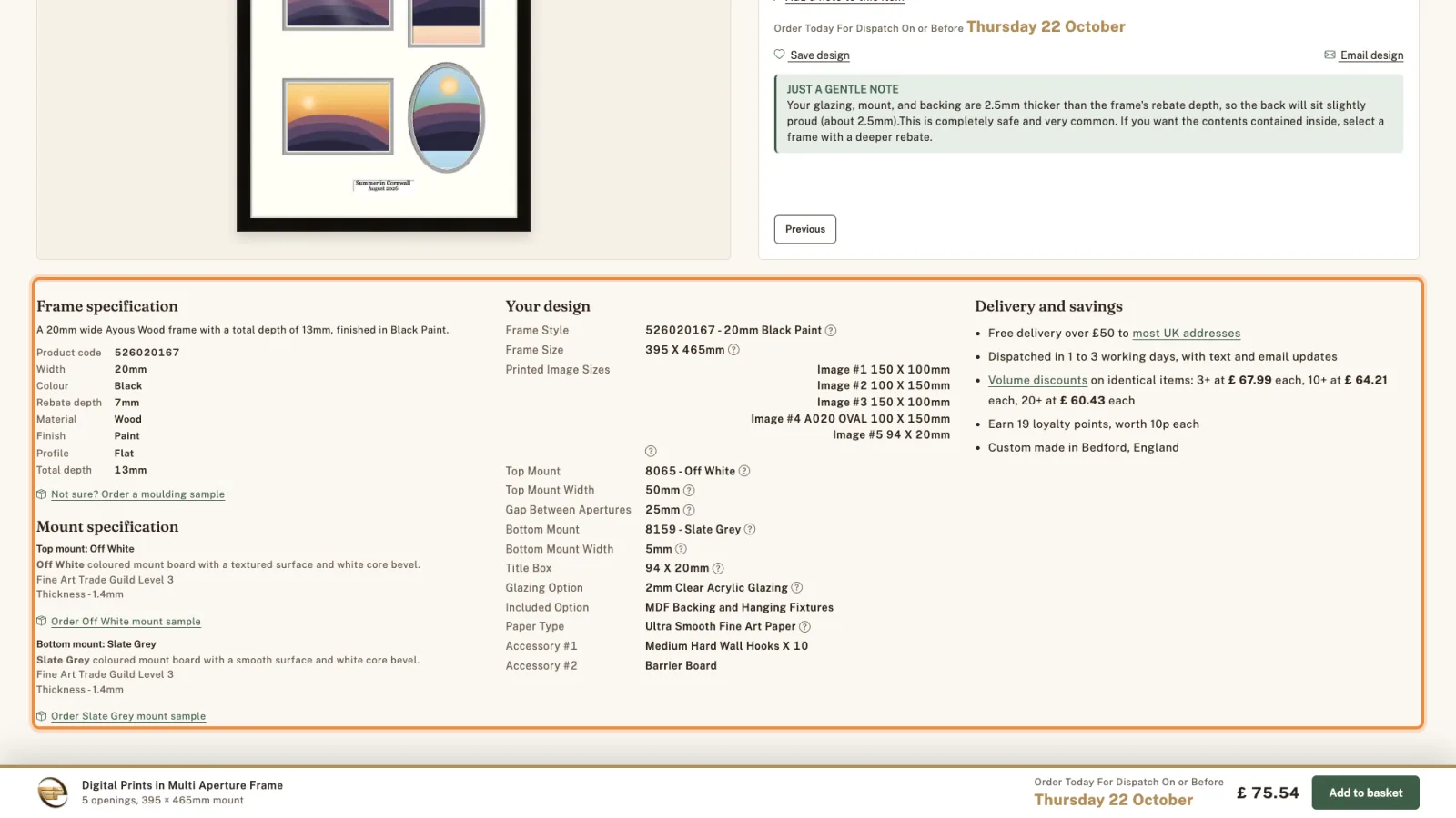 The specification, Your design and Delivery and savings panels highlighted.