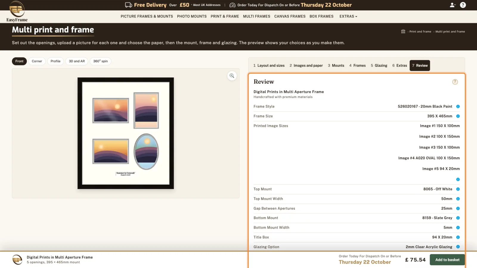 The Review tab highlighted, listing the frame, printed image sizes, mounts, title box, glazing and paper.