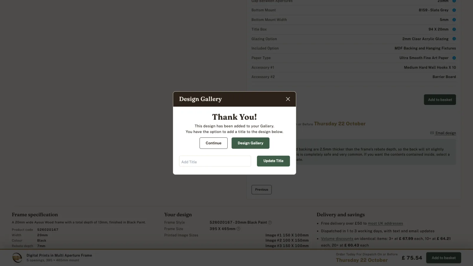 Design Gallery window: Thank You! This design has been added to your Gallery.