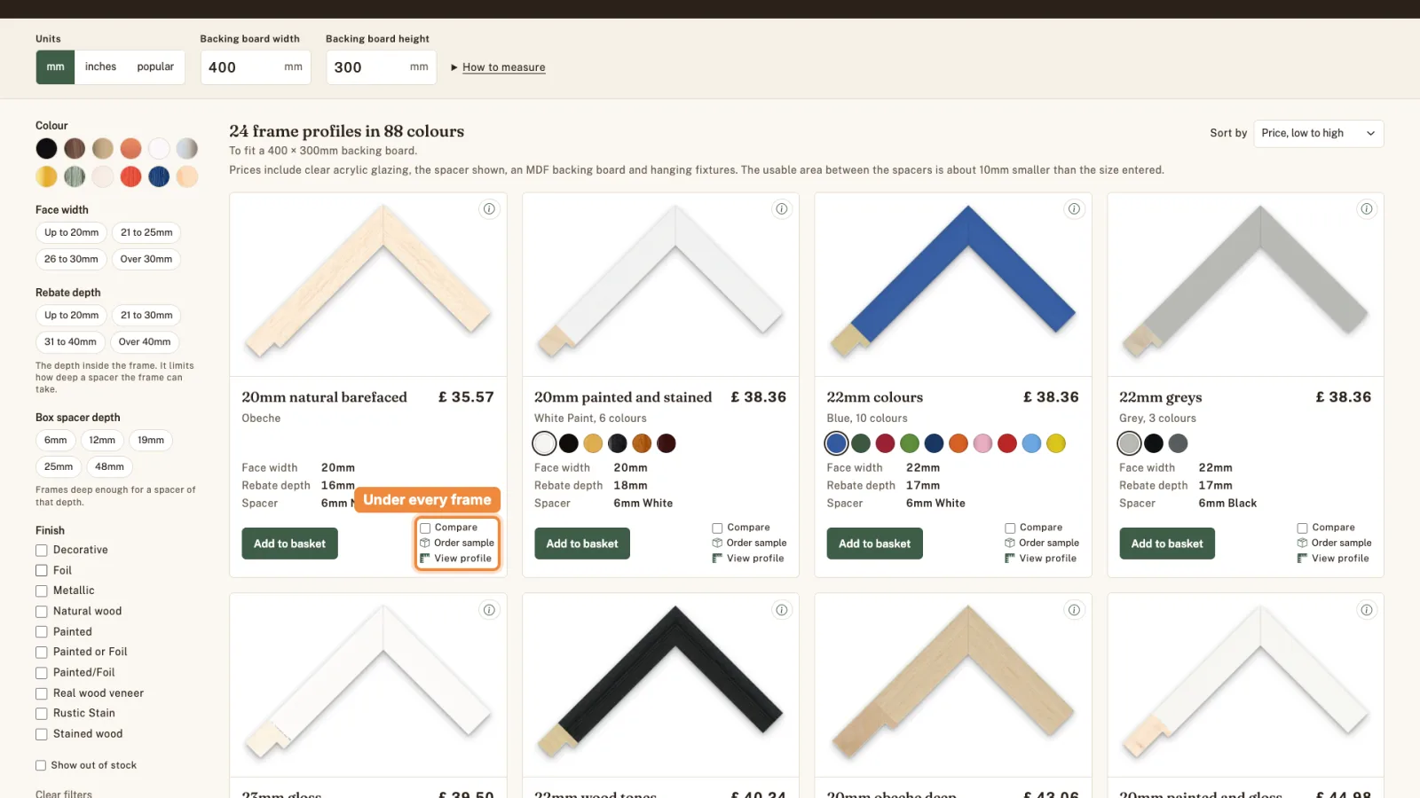 The Compare, Order sample and View profile links highlighted under a frame.