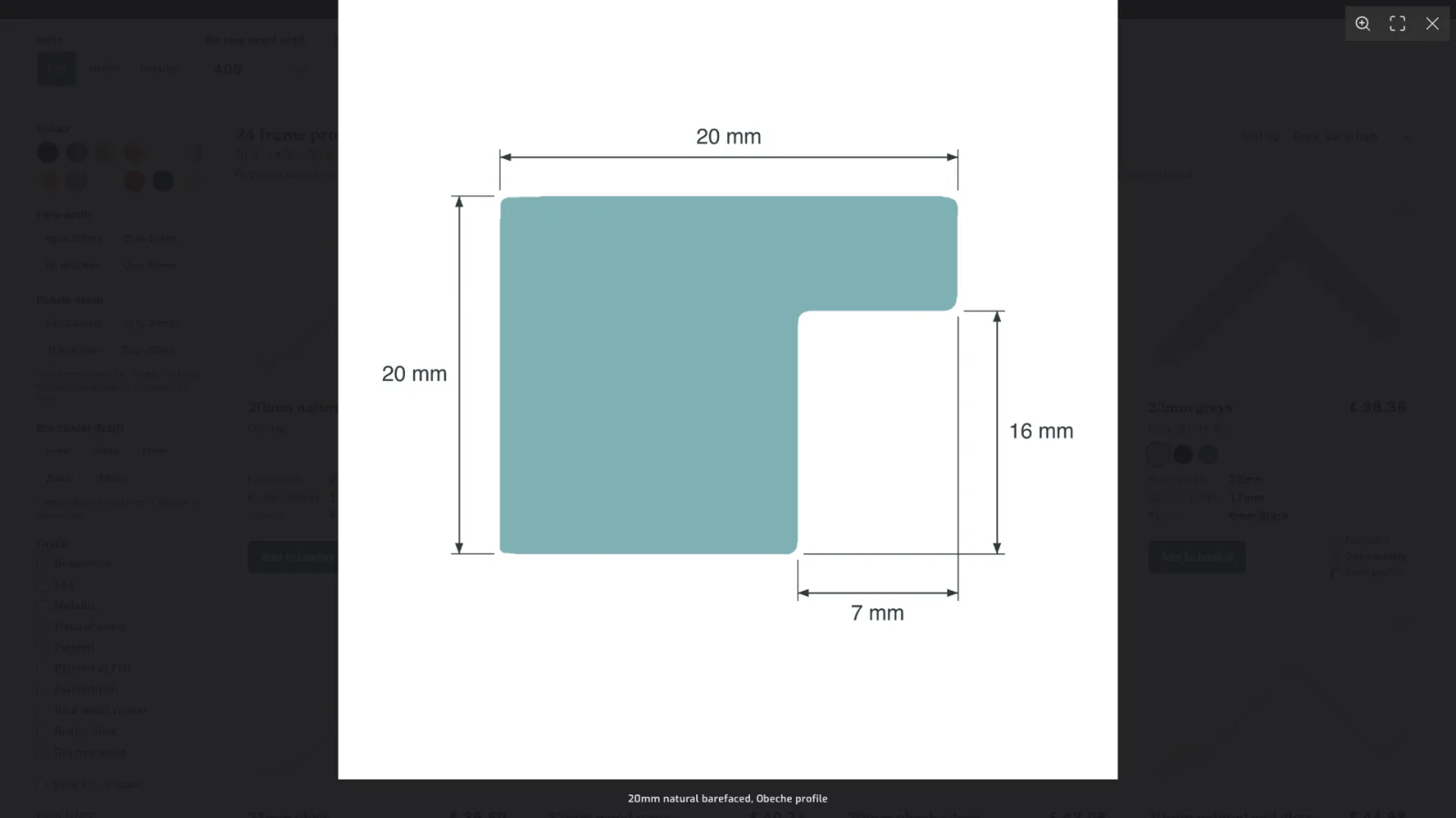 Profile drawing of the 20mm natural barefaced box frame moulding.