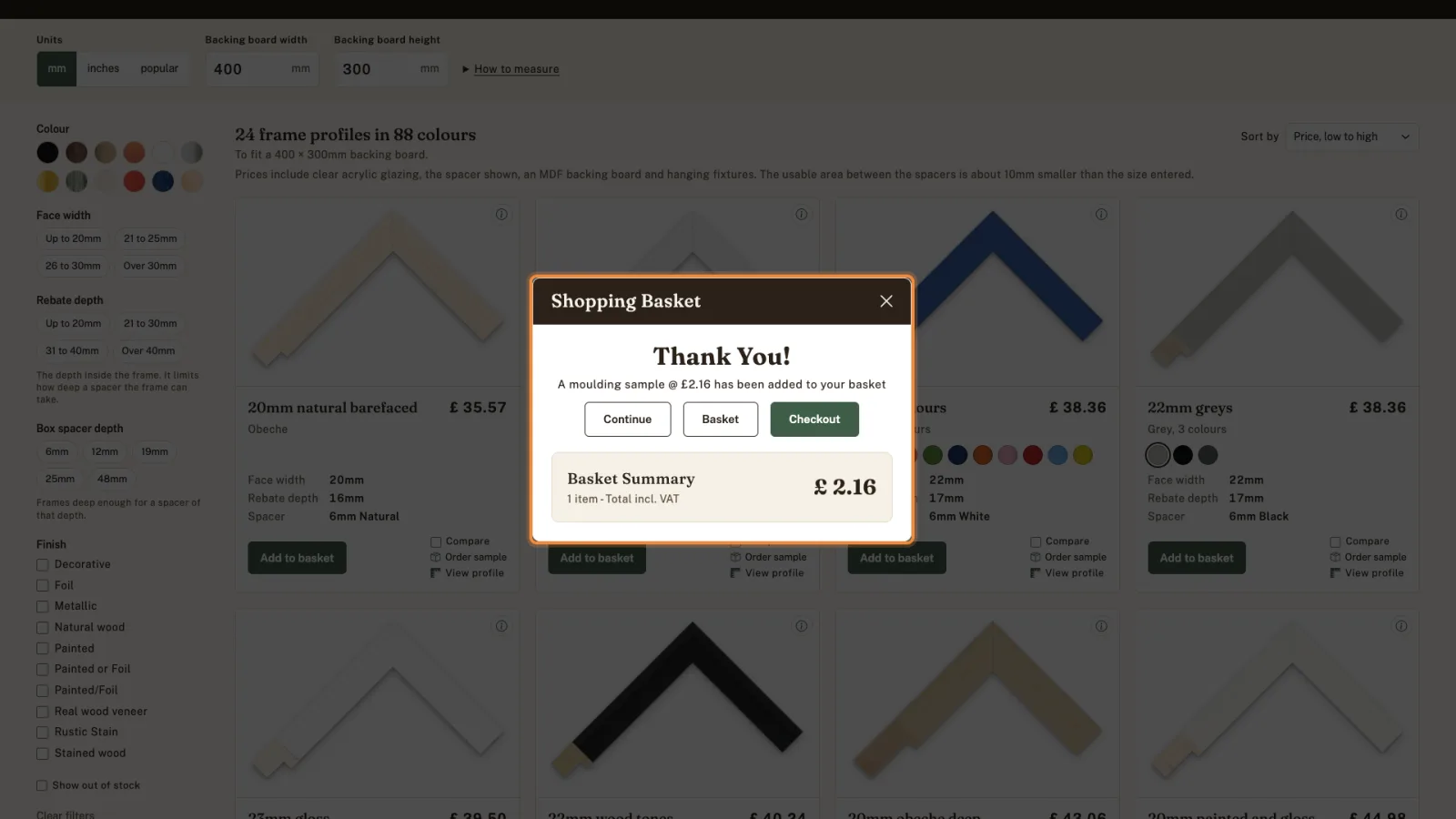 Shopping Basket message: a moulding sample has been added.
