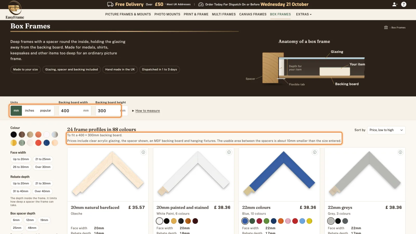 Backing board width 400 and height 300 entered, with the summary and the note about prices and the usable area highlighted.