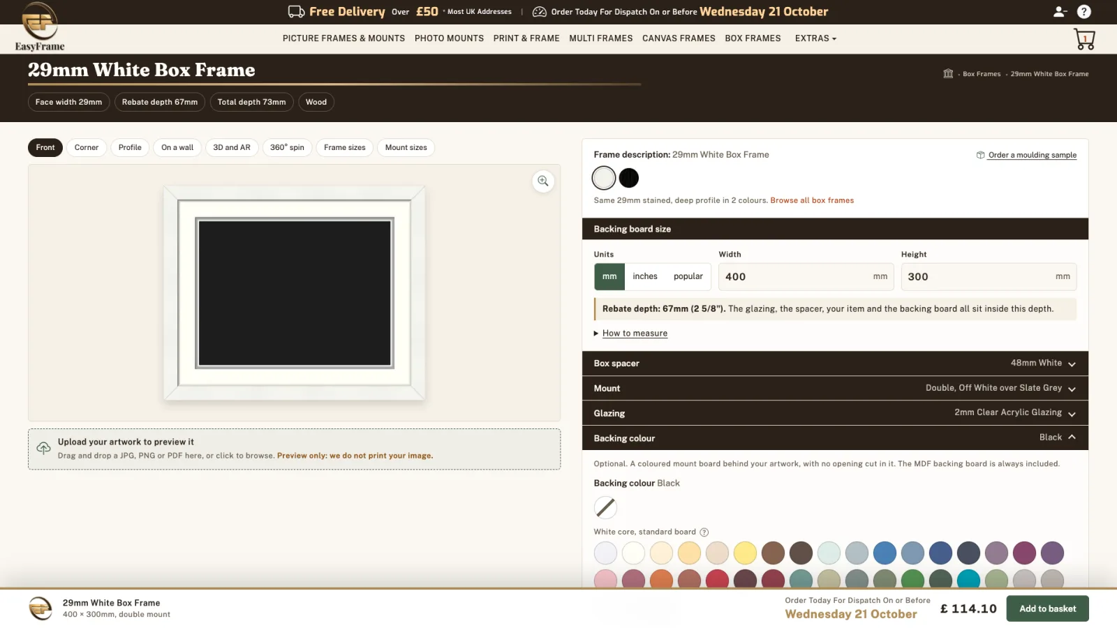 A black backing board shown inside the mount in the preview.