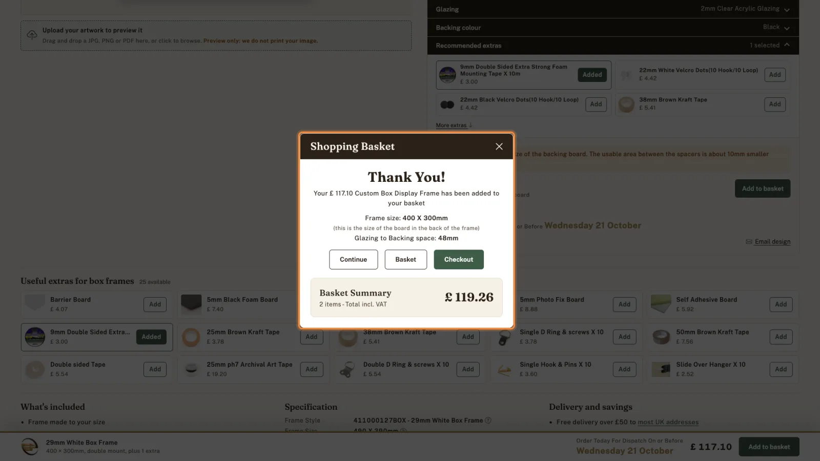 Shopping Basket confirmation for the Custom Box Display Frame, with the board size and the 48mm glazing to backing space.