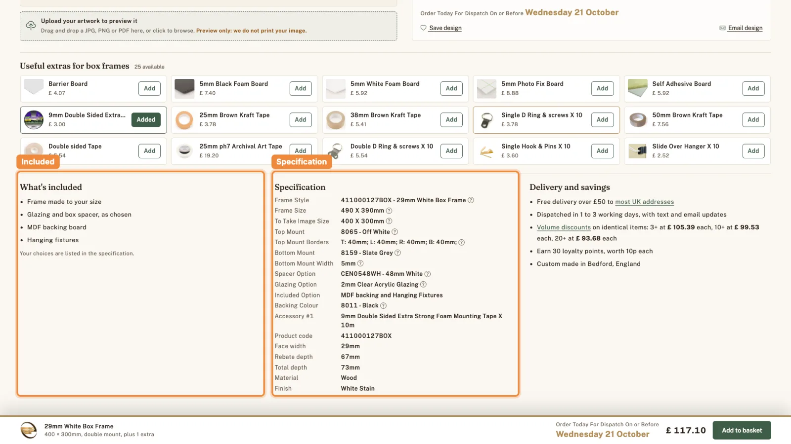 What's included and Specification highlighted.