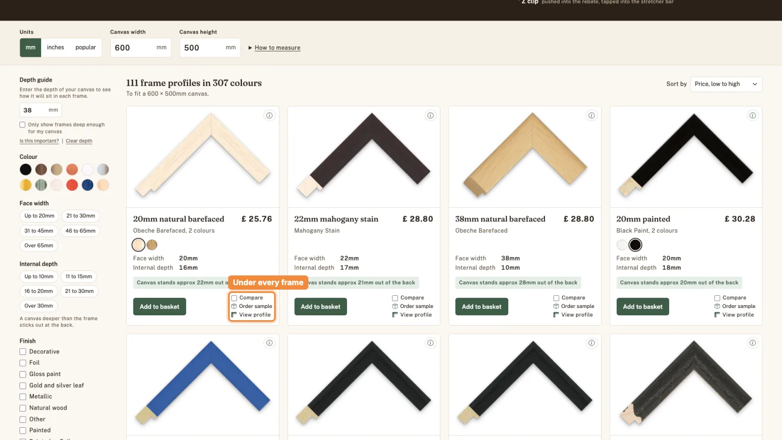 The Compare, Order sample and View profile links highlighted under the 20mm natural barefaced frame.