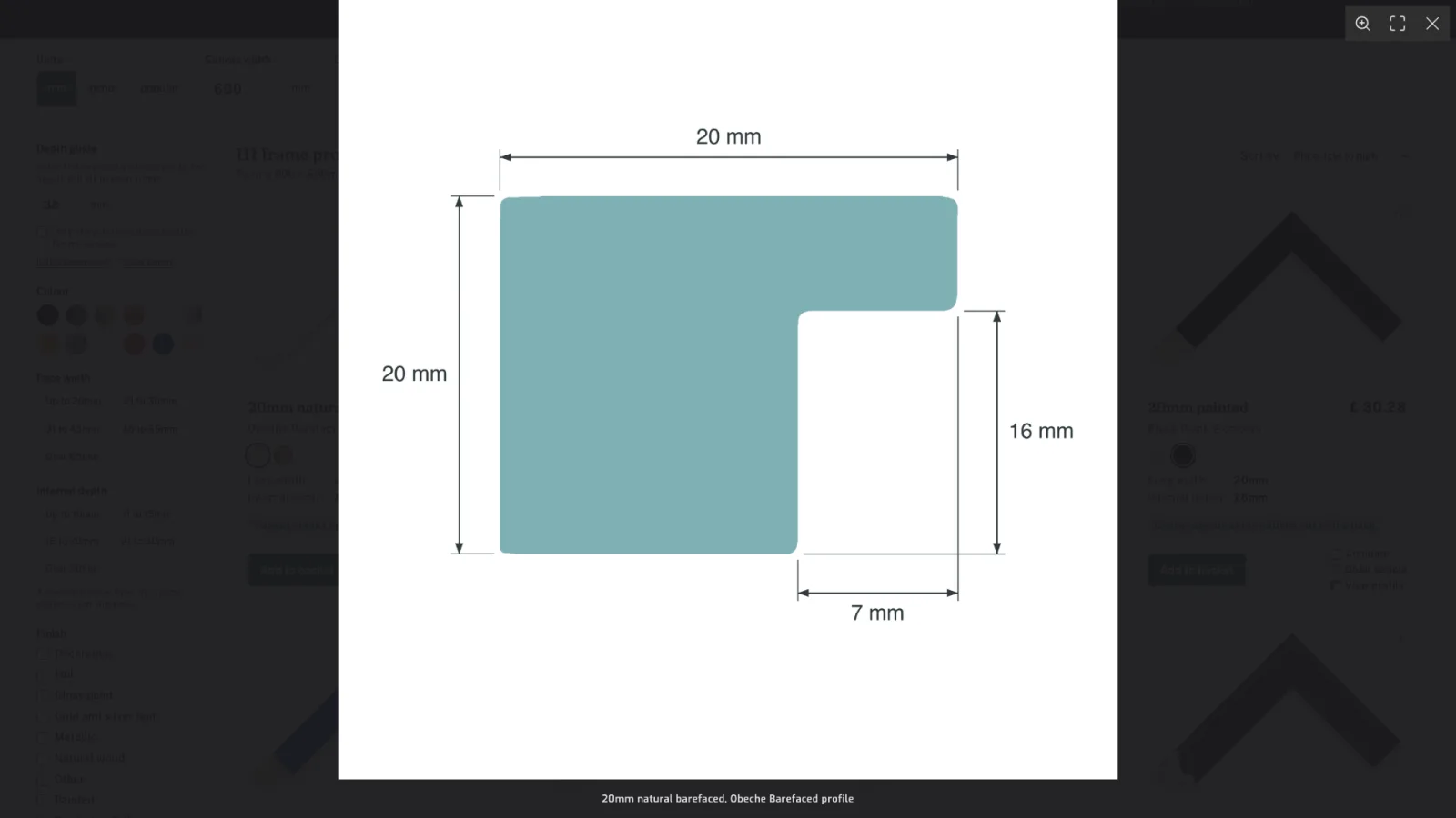 Profile drawing of the 20mm natural barefaced frame: 20mm wide, 20mm deep, with a 16mm rebate.