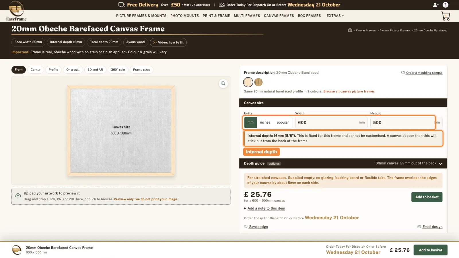 Canvas size section with 600 and 500 highlighted, and the internal depth note highlighted below.