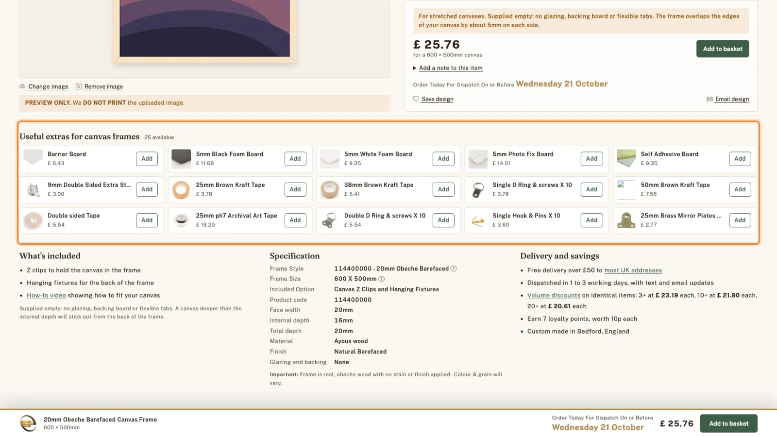 The Useful extras for canvas frames section highlighted.