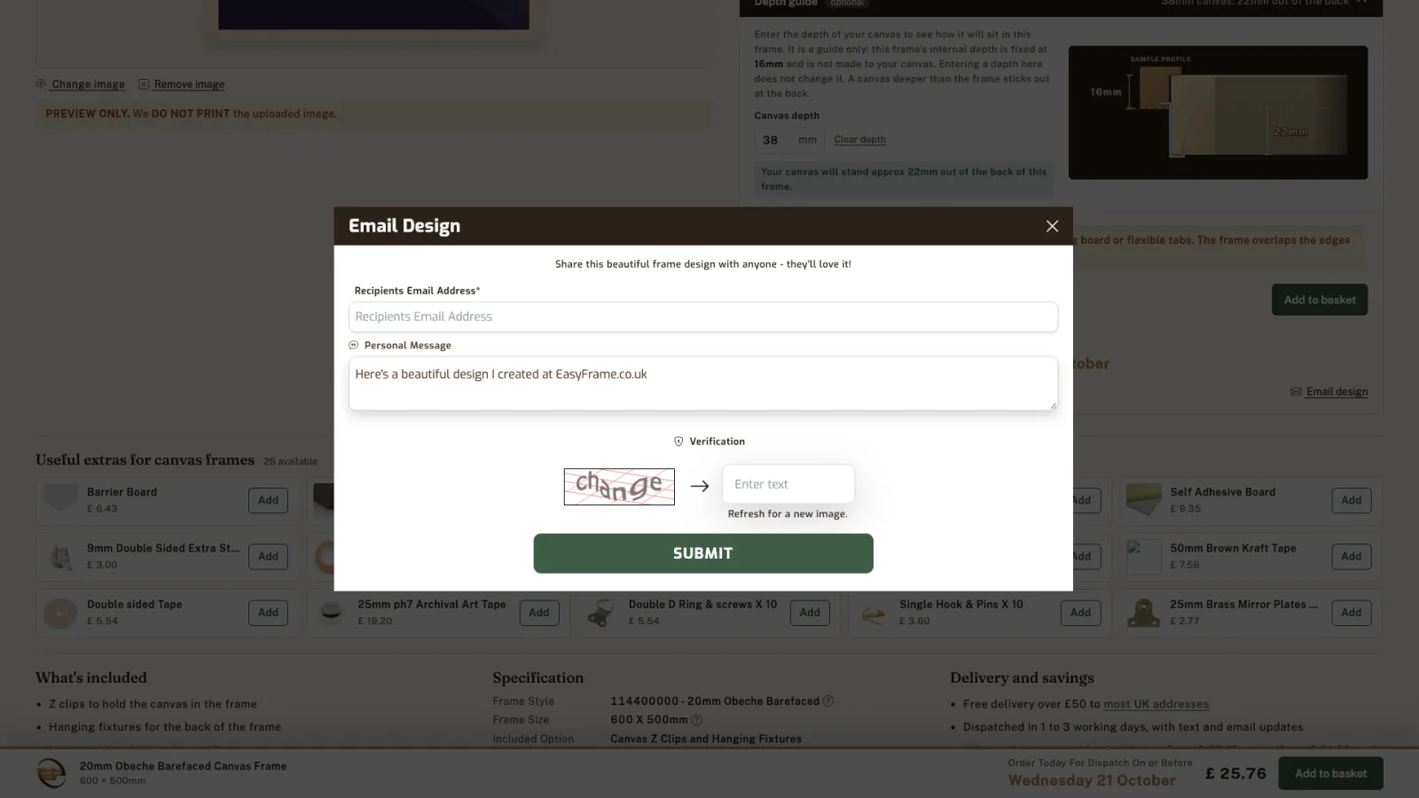 Email Design form with recipient email, personal message, verification and Submit.