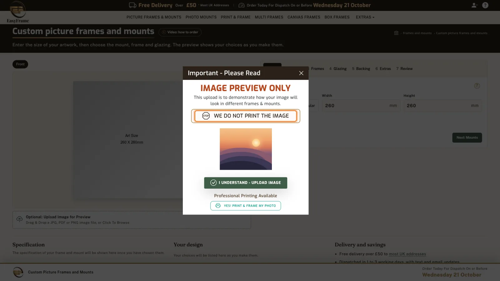 Image preview only message, with 'We do not print the image' highlighted, the I understand button and the Print and frame my photo option.