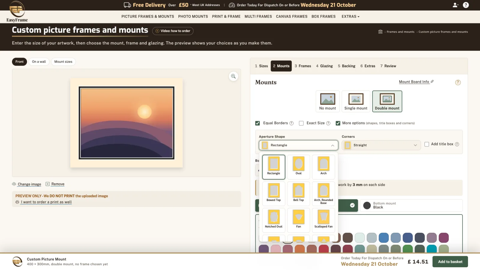 The Aperture Shape menu open, showing rectangle, oval, arch and other shapes.