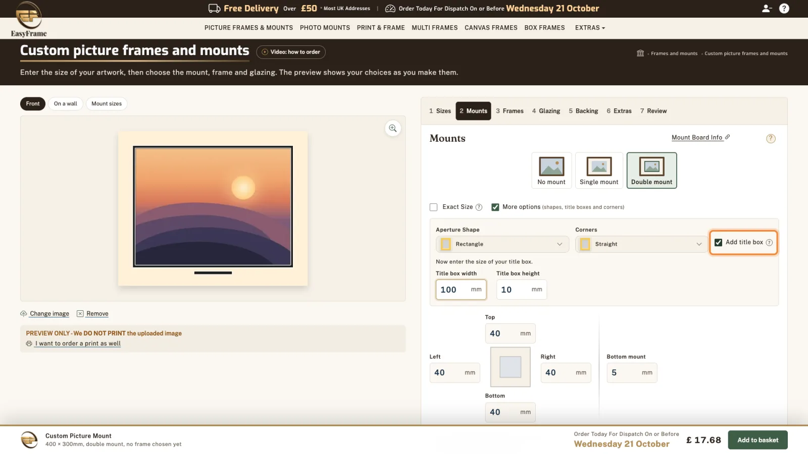 Add title box ticked: a small opening appears under the picture, with title box width and height fields.