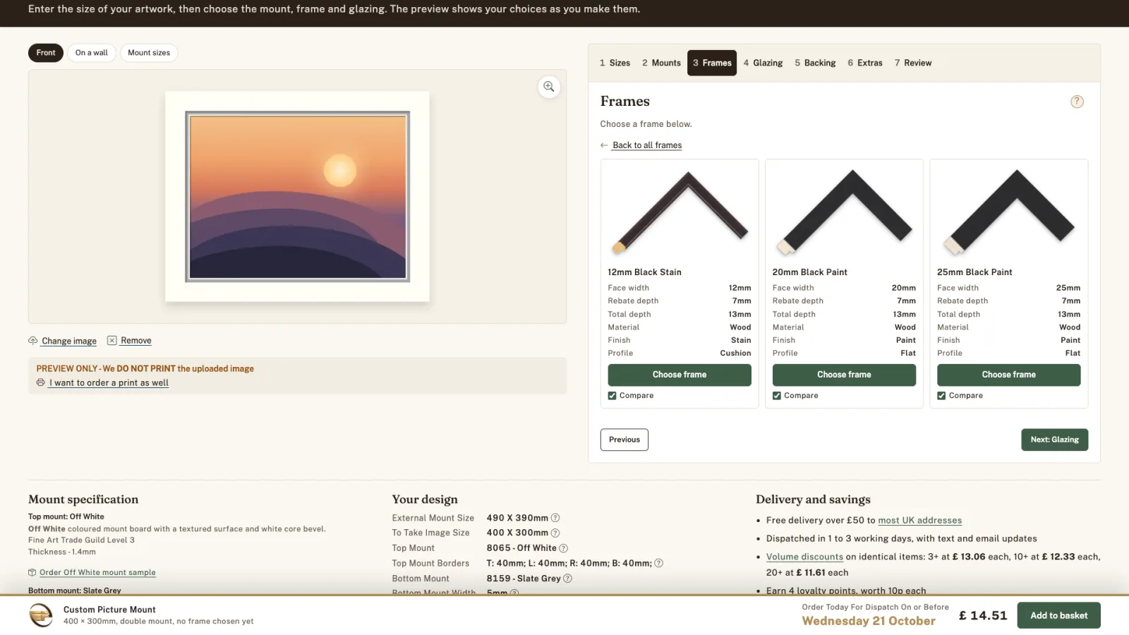 Three black frames compared side by side, each with its measurements and a Choose frame button.